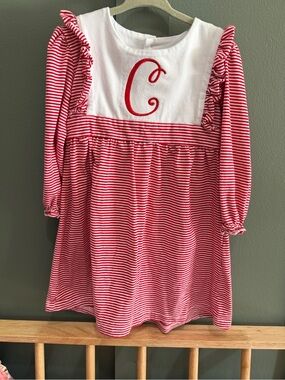 Girls Red & White Striped Monogram Dress